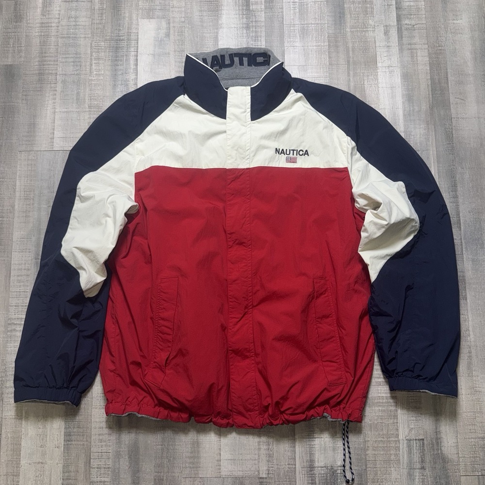Nautica Jacket Mens 3XL Red Navy Colorblock Fleece Lined Windbreaker Reversible